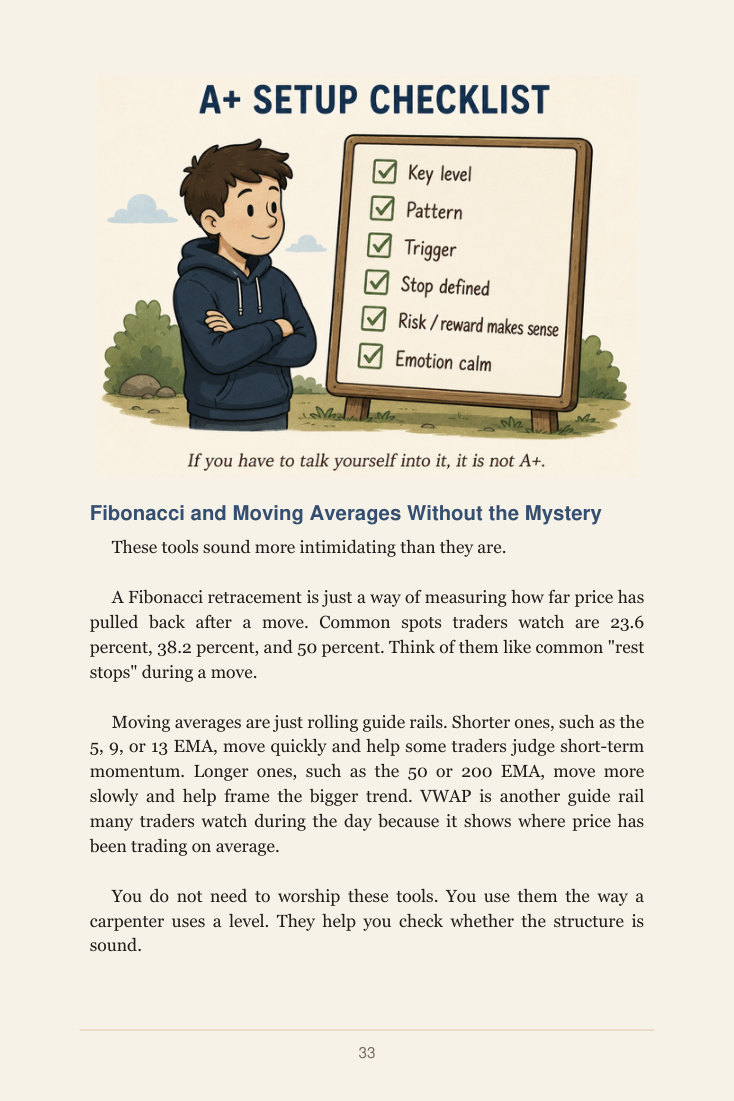 Page 33: A+ setup checklist covering level, pattern, trigger, stop, risk, and emotion